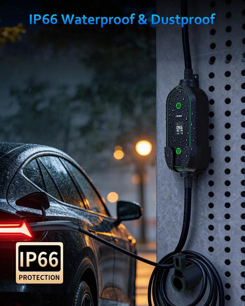 Tesla 40A Level 2 EV Charger 9.6kW 240V With 25Ft Cable NEMA 14-50 Plug And NACS Connector, IP66 waterproof, mounted outdoors.