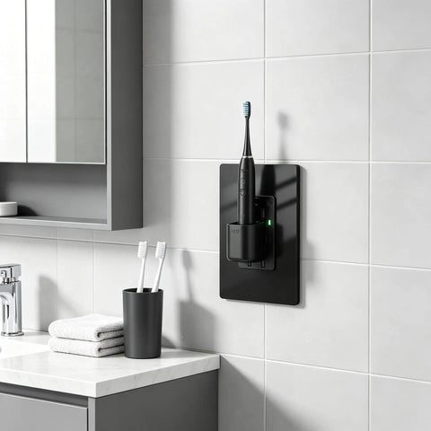 Sleek Black GFCI Outlet 15 Amp GFI Electrical Receptacle with toothbrush holder in modern bathroom setting.