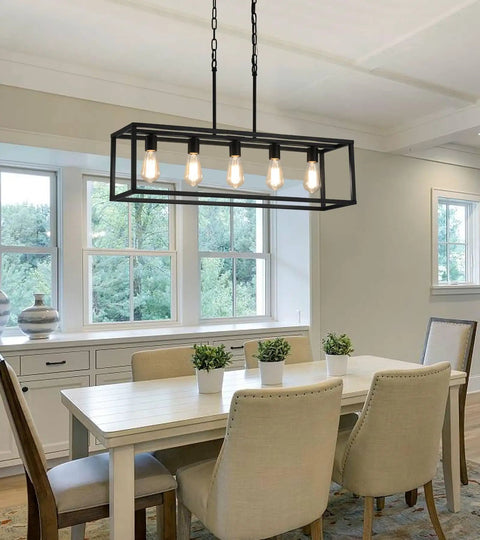 Black Rectangle Kitchen Island Light With Five Linear Pendant Fixtures Modern Industrial Chandelier for dining room