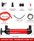 Universal Manual Car Fluid Transfer Pump With Extended Suction Hose Kit Fuel Extractor And Hand Siphon Tool For Gas Water Oil Portable Liquid Extractor components layout with hoses and parts.