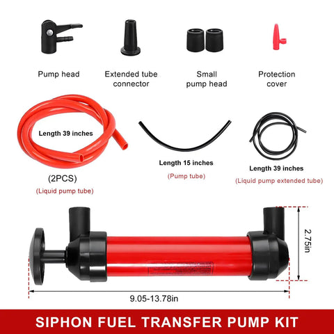 Universal Manual Car Fluid Transfer Pump With Extended Suction Hose Kit Fuel Extractor And Hand Siphon Tool For Gas Water Oil Portable Liquid Extractor components layout with hoses and parts.