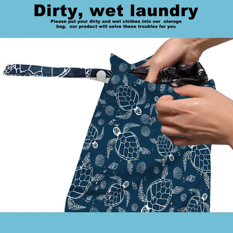 Two Pack Turtle Wet Bag 12x10 Inch Waterproof Reusable Wet Dry Bags For Swimwear Beach Trips Diapers Dirty Gym Clothes Travel Laundry Organizer With Handle Sea Turtle Gift For Women Friends, featuring sea turtle pattern with hand placing clothes inside