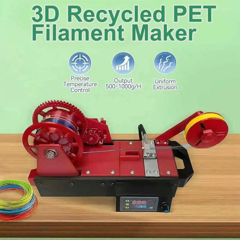 Desktop 3D Printer Filament Maker That Recycles PET Bottles Into Smooth Cord, featuring auto heating and adjustable settings.