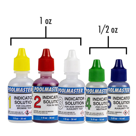 Replacement Indicator Solutions For Spa And Pool Water Testing Set With Five Tests For Chlorine, Bromine, pH, Acid Demand And Total Alkalinity, Includes One Ounce Solutions For Numbers 1 Through 3 And Half Ounce Solutions For 4 And 5, Neutral, Small