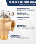 Essential Tankless Water Heater Valve Kit With No Sweat Pressure Relief Valves showing specifications and brass construction.