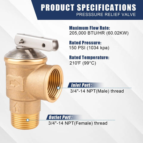 Essential Tankless Water Heater Valve Kit With No Sweat Pressure Relief Valves showing specifications and brass construction.