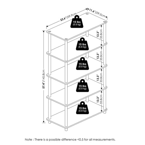 Turn N Tube Toolless 5 Tier Open Storage Shelf No Tools Needed Easy Assembly Bookcase For Living Room Home Office Bedroom White Finish Open Back Display For Books Decor And Office Supplies, 23.6x11.6x57.4 in