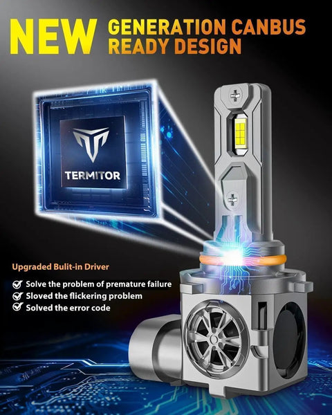 9005 9006 LED Bulbs Combo With 100000 Lumens Ultra Bright Daylight 6500K fog light showcasing CANBUS ready design.