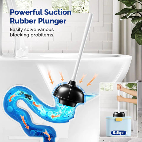 Toilet Plunger And Bowl Brush Combo With Heavy Duty Rubber Head For Drain Clog Removal Curved Bristle Design