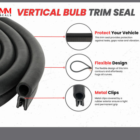 Vertical Bulb Trim Seal 0.55 Inch Bulb Diameter Flexible Weather Stripping With Internal Metal Clips Easy No Adhesive Install