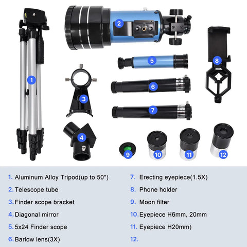 Components of 70mm Aperture Portable Refractor Telescope for Adults and Beginners 300mm Travel Scope with Phone Adapter AZ Mount Moon Filter Remote Compatible for Easy Stargazing and Fun Astronomy Lessons.