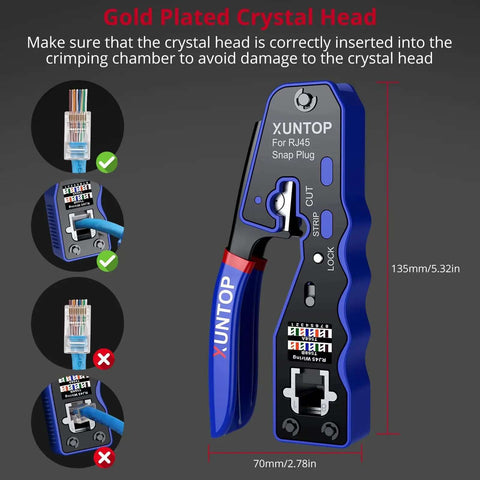 RJ45 Crimp Tool Kit For Cat5 Cat5e Cat6 Cat6a Ethernet With Pass Through Connectors featuring crimping tool and wiring guide