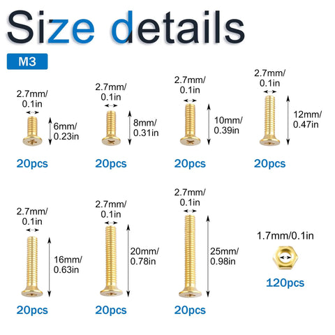M3 Brass Flat Head Phillips Machine Screws And Hex Nuts Kit 240 Pieces With 120 Nuts For Electronics Furniture Assembly And Mechanical Projects Must Have All In One DIY Fastener Set size details showing M3 brass screws 6-25mm and hex nut