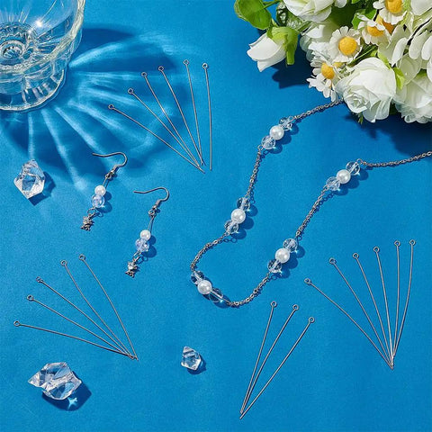 500Pcs 304 Stainless Steel Eye Pins 2.7 Inch Head Pins 24 Gauge Jewelry Findings With 3mm Heads And 3mm Eye Holes, Durable Craft Pins In Clear Storage Box, used for bead jewelry making