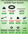 Complete 49 Foot Drip Irrigation Kit With 15 Adjustable 360 Degree Sprayers 5/16 Inch PE Tubing components labeled
