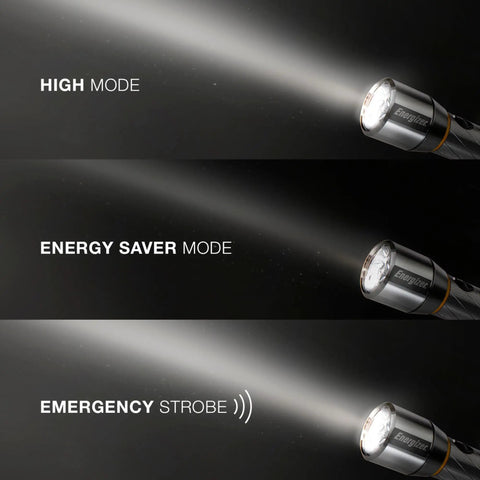 Vision HD Extra Performance LED Flashlight With Digital Focus Rugged Beast Mode showing high, energy saver, and emergency strobe modes.