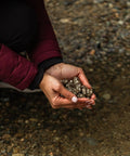 Hands holding mineral stones replacement for gravity water system, adds calcium magnesium phosphorus potassium for mineral rich water