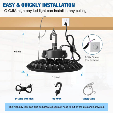 150W LED High Bay Light UFO Style 22500 Lumens 5000K Warehouse LED High Bay installation guide with 6ft cable and accessories