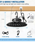 Ultra Bright 150W LED High Bay Shop Light installation showing plug, hook, and safety cable details