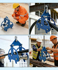 Beefy Heavy Duty Steel Cable Puller Sheave guiding large-diameter cable on construction site, industrial grade pulley tool in action