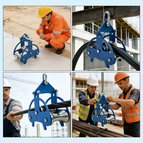 Beefy Heavy Duty Steel Cable Puller Sheave guiding large-diameter cable on construction site, industrial grade pulley tool in action