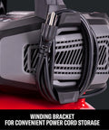 Craftsman 6 Gallon Oil Free Pancake Air Compressor With 25 Ft Hose highlighting winding bracket for cord storage.