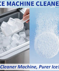 Ice Machine Cleaner And Descaler Tablets For All Major Brands Nickel Safe Descaler shown with ice cubes in a scoop and tablet dissolving.