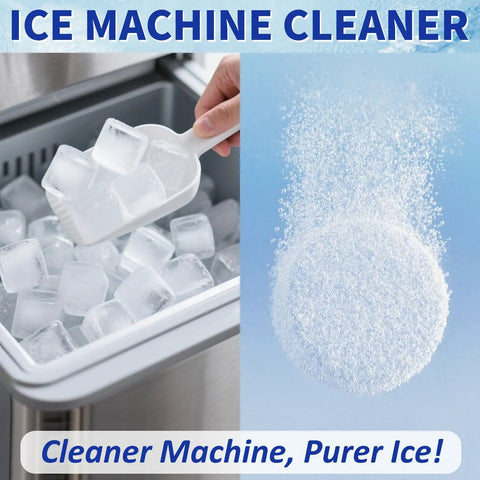 Ice Machine Cleaner And Descaler Tablets For All Major Brands Nickel Safe Descaler shown with ice cubes in a scoop and tablet dissolving.