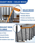 Adjustable Wooden Railing Kit For Outdoor Steps And Porch With Dang Tough Wrought Iron Brackets and sleek posts installed on staircase.
