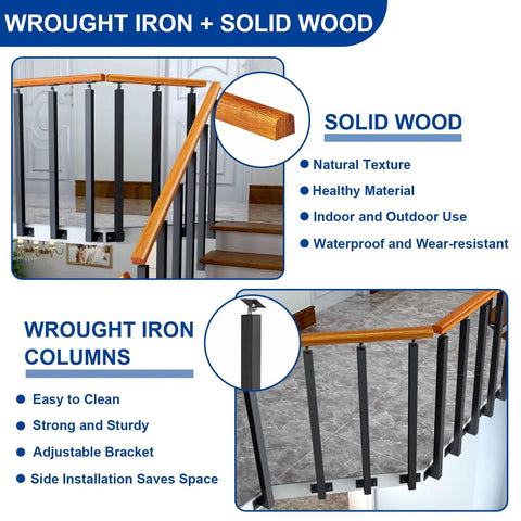 Dang Sturdy Wooden Handrail With Wrought Iron Posts And Adjustable 270 Degree Bracket For Outdoor Porch Or Deck Stairs with a solid wood rail.