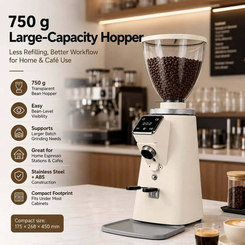 Professional Commercial Coffee Grinder With Programmable Dosage Control And A Massive Seven Hundred Fifty Gram Hopper showcasing its large capacity and sleek design.