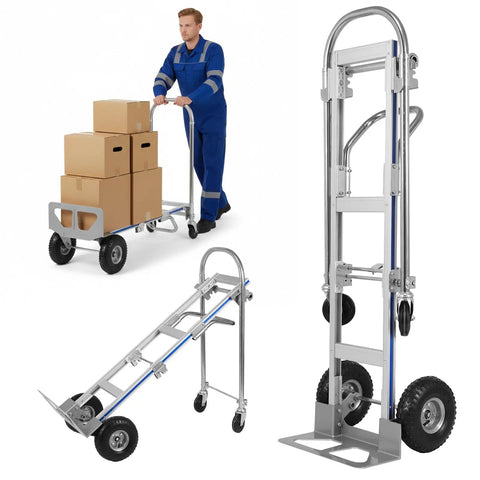 Convertible Two And Four Wheel Moving Dolly For Warehouse Storage Cart Rust Proof Heavy Duty Hand Truck in use and folded view