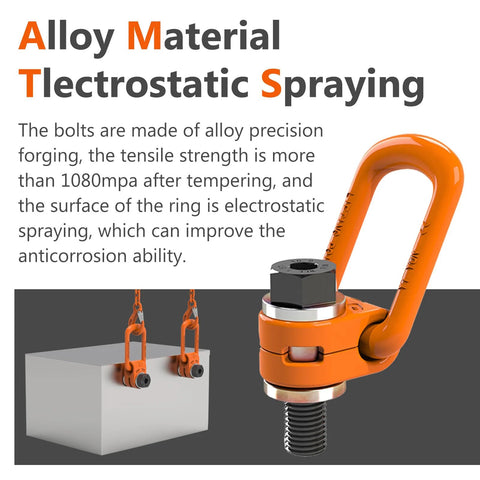 Close-up of orange 2 Pcs Eye Bolt M12 X18 Universal Swivel Hoist Rings, alloy steel, electrostatic spraying, for heavy lifting and rigging.