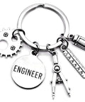Techie Engineer Keychain For Mechanical Engineering Students And Teachers with gear, ruler, compass, pencil charms, silver tone.