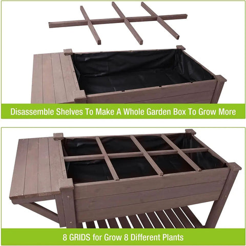 Elevated Raised Garden Bed With Eight Planter Boxes On Sturdy Legs And Rolling Wheels Plus A Handy Side Workbench And Storage Shelf