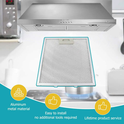 Three Pack 12 X 10.5 X 0.35 Inch Aluminum Mesh Range Hood Filter Replacement, shown in front of stainless steel hood in kitchen.