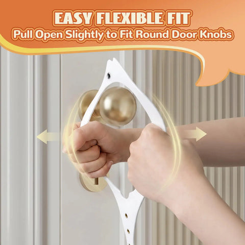 Heavy Duty Adjustable Cat Door Latch Keeps Pups Out While Cats Roam Free 2.5 To 6 Inch White Two Pack shown adjusting to fit round door knobs.