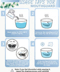Usage instructions for molding Faith Cross Mouth Guard Set With Case Four Mouth Guards, four-step infographic with boiling and cooling steps.