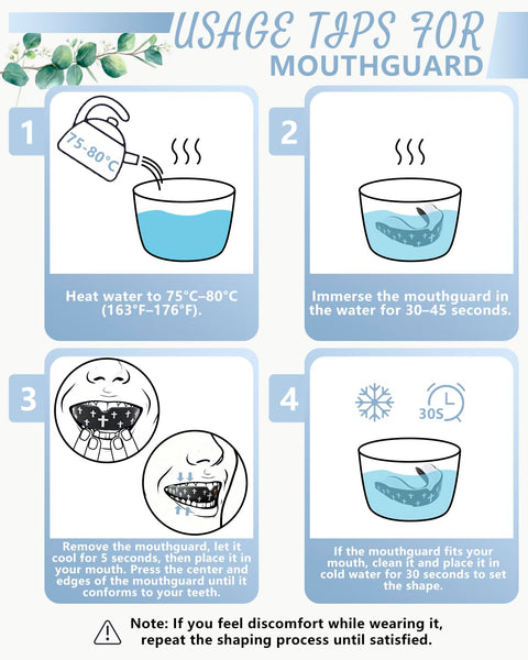 Usage instructions for molding Faith Cross Mouth Guard Set With Case Four Mouth Guards, four-step infographic with boiling and cooling steps.