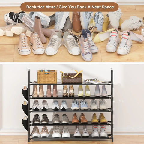 Five Tier Shoe Organizer Rack For Closet, Entryway Or Garage with shoes neatly arranged on black shelves, space-saving solution