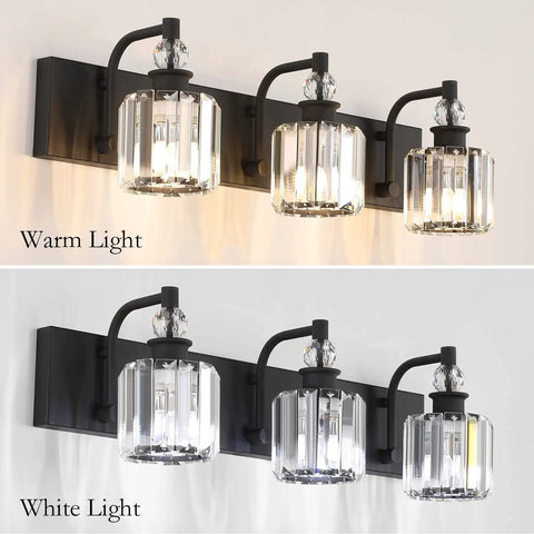 Three Light Black Crystal Vanity Lights for Bathroom Over Mirror in warm and white light settings, matte black finish