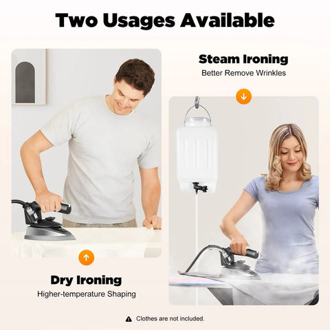 Two people using Heavy Duty 1200W Industrial Steam Iron With Gravity Feed Bottle System for dry and steam ironing.