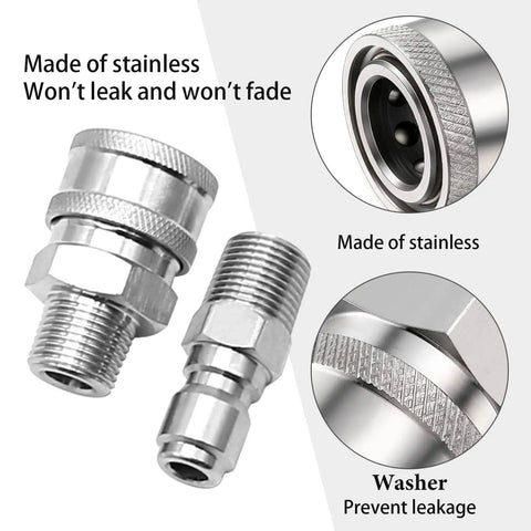 Two Pack One Quarter Inch NPT Quick Connect Couplers in Stainless Steel for Pressure Washers, Built Tough With Ball Lock Design, Heavy Duty Male And Female Plugs, Five Thousand PSI Rating.