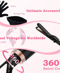 Versatile 5 In 1 Curling Iron With Interchangeable Ceramic Barrels showing glove, storage bag, dual voltage, and swivel cord.