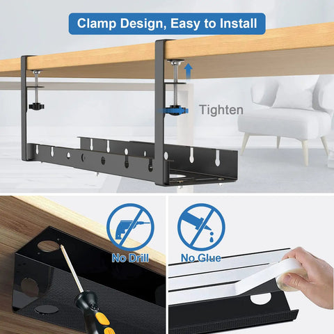 Under Desk Cable Management Tray With Retractable Cord Organizer, No-Drill Metal Cable Basket With Clamp displayed under desk