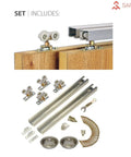 Components of Modern White Bypass Sliding Closet Doors With Solid Core Construction And Complete Hardware Package including heavy rollers.