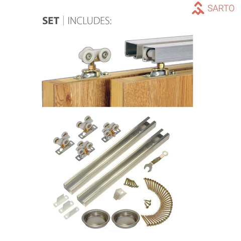 Components of Modern White Bypass Sliding Closet Doors With Solid Core Construction And Complete Hardware Package including heavy rollers.