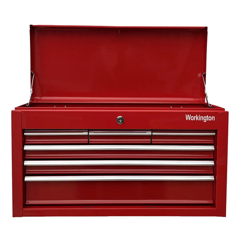Beefy Portable Metal Tool Chest With Six Drawers, 24 Inch Tool Cabinet open lid, central lock visible, Steel Tool Storage Box