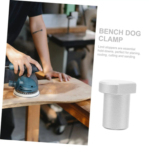 Solid Aluminum Woodworking Bench Dogs And Three Pack Workshop Table Stoppers For Gripping Tight During Heavy Clamping Reliable Workbench Hole Inserts Built Like A Tank To Hold Firm Through Any Job, showing a bench dog clamp in use.