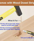 Hammer inserting wood dowel strip into screw hole on wood surface, with utility knife nearby for cutting.